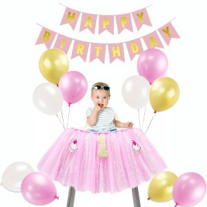 KUMEED Tutu High Chair Skirt, Happy Birthday Banner- Balloons Set for 1st Birthday Decoration Party Supplies Girl Pink